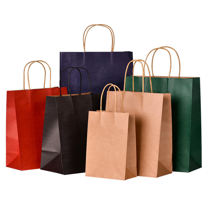 Custom Printed Kraft Shopping Paper Bags Eco Food Packaging Take Away Kraft Kraft Paper Bags Dark Blue With Ribbon Handles