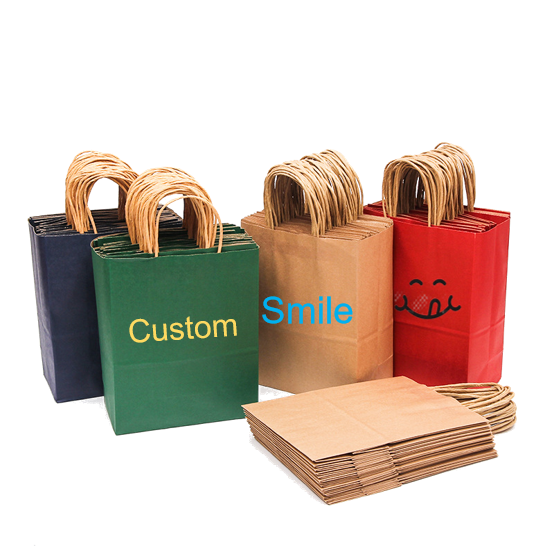 Custom Printed Kraft Shopping Paper Bags Eco Food Packaging Take Away Kraft Kraft Paper Bags Dark Blue With Ribbon Handles