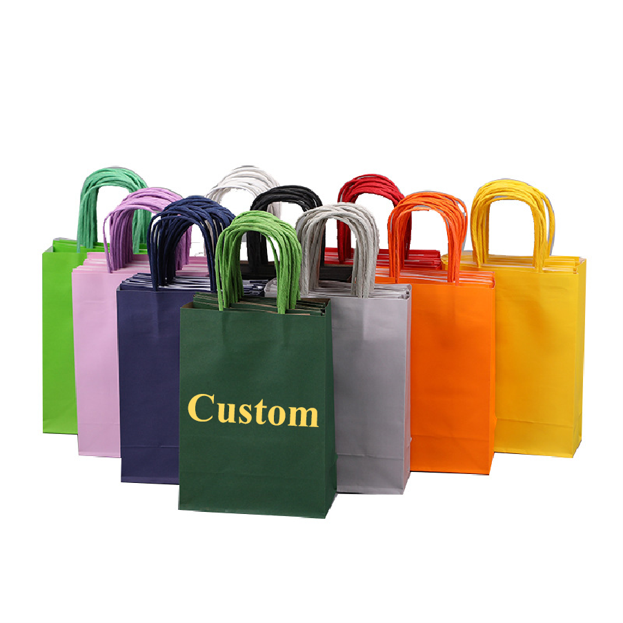 Custom Printed Kraft Shopping Paper Bags Eco Food Packaging Take Away Kraft Kraft Paper Bags Dark Blue With Ribbon Handles