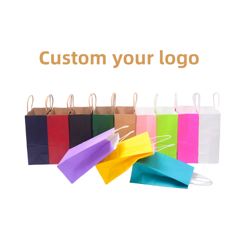 Custom Printed Kraft Shopping Paper Bags Eco Food Packaging Take Away Kraft Kraft Paper Bags Dark Blue With Ribbon Handles