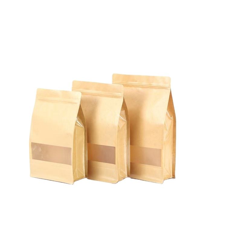 Different Size Brown Kraft Paper Zipper Food Coffee Tea Biodegradable Stand up Bag Pouch With Clear Window