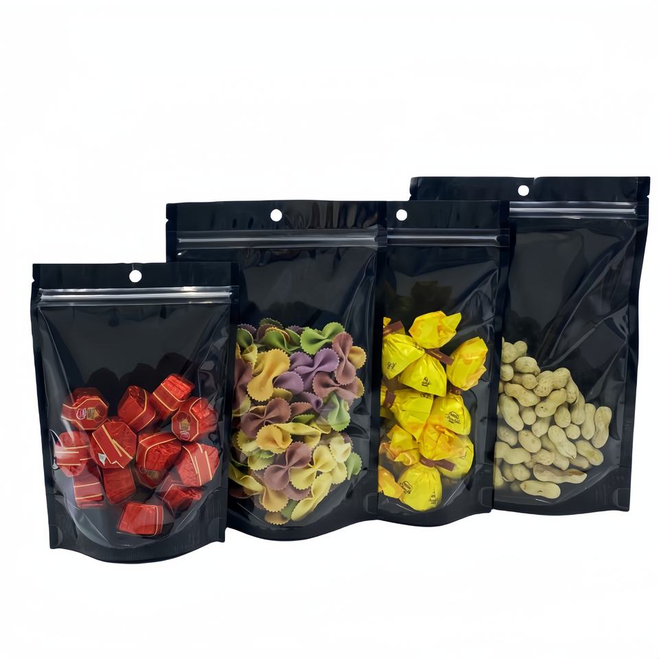 Clear Window Black Custom Printed Snack Nuts Dried Fruit Candy Gummy Doypack Food Packaging Bag Stand up Pouch With Zipper