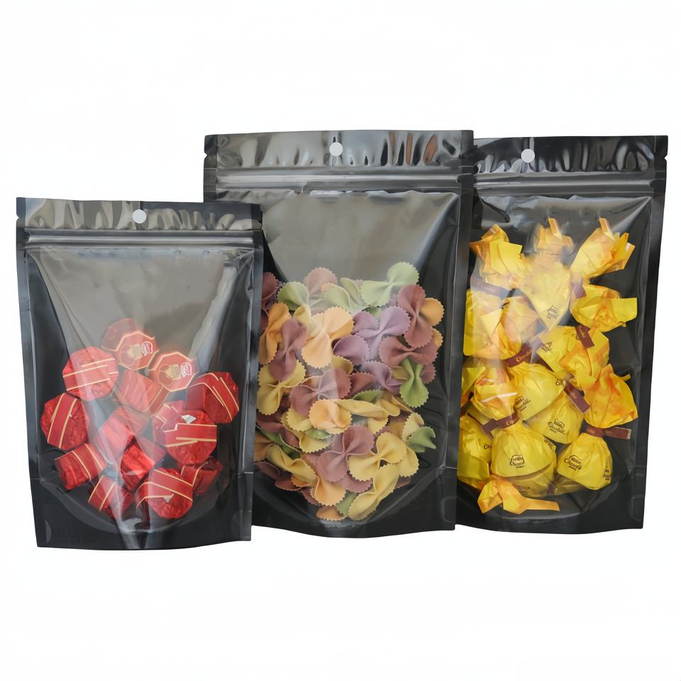 Clear Window Black Custom Printed Snack Nuts Dried Fruit Candy Gummy Doypack Food Packaging Bag Stand up Pouch With Zipper