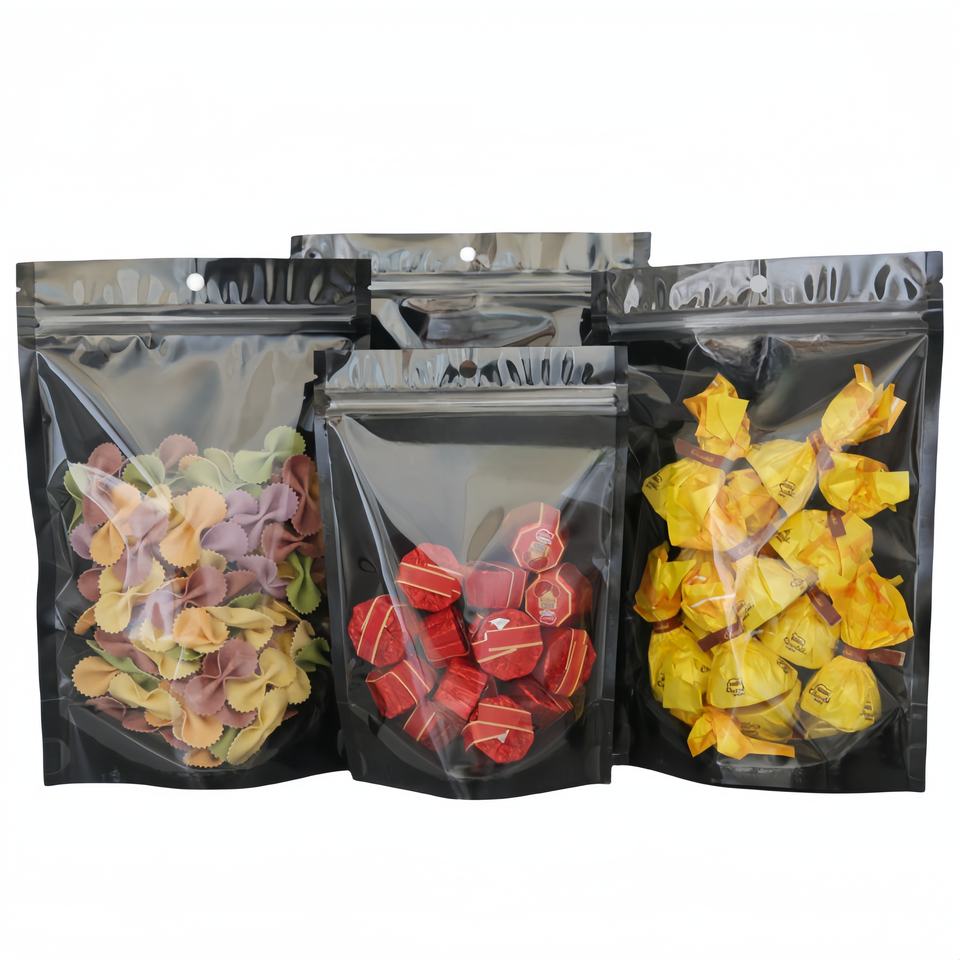 Clear Window Black Custom Printed Snack Nuts Dried Fruit Candy Gummy Doypack Food Packaging Bag Stand up Pouch With Zipper